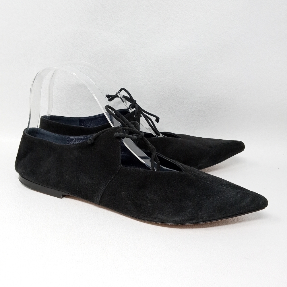 Celine Paris Babouche Flats, Lace Up, Black Suede, Pointy Toe Women's Sz EU 38.5